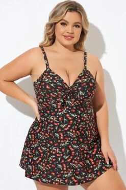 Cherry Printed Adjustable Straps V Neck Swimdress -Maraluxe Swimwear Shop b desd006009 5