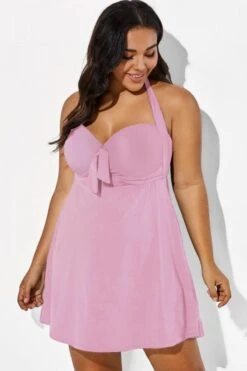 Pink Modern Self-tie Halter Straps Swimdress -Maraluxe Swimwear Shop b desd013003 11