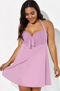Pink Modern Self-tie Halter Straps Swimdress