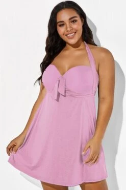 Pink Modern Self-tie Halter Straps Swimdress -Maraluxe Swimwear Shop b desd013003 44