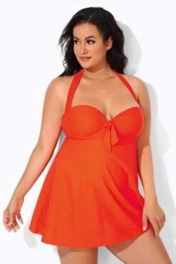 Orange Sweetheart NecklineTie-front Halter Swimdress