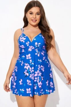 Purple Butterfly Print V-neck Loop Strap Swimdress