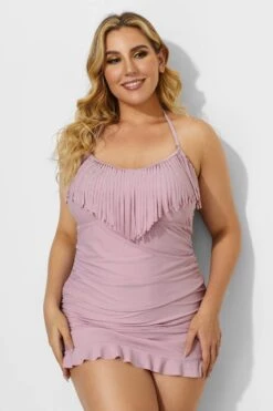 Solid Pink Fringe Ruffle Hem Bandeau Swimdress -Maraluxe Swimwear Shop b desd033001 4