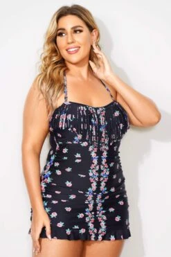 Black Floral Printed Ruffle Hem Swimdress 9 Black Floral Printed Ruffle Hem Swimdress -Maraluxe Swimwear Shop b desd033004 4
