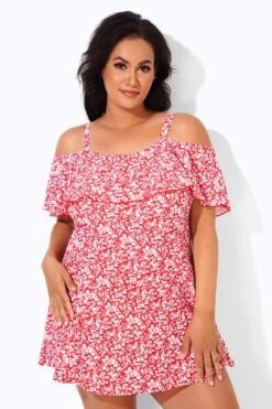 Red Floral Printed Off-the-Shoulder Swimdress -Maraluxe Swimwear Shop b desd049001 2