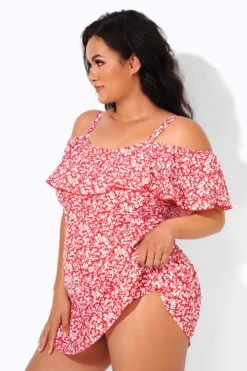 Red Floral Printed Off-the-Shoulder Swimdress -Maraluxe Swimwear Shop b desd049001 3