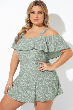 Floral Ruffle Cold Shoulder Women Swimdress