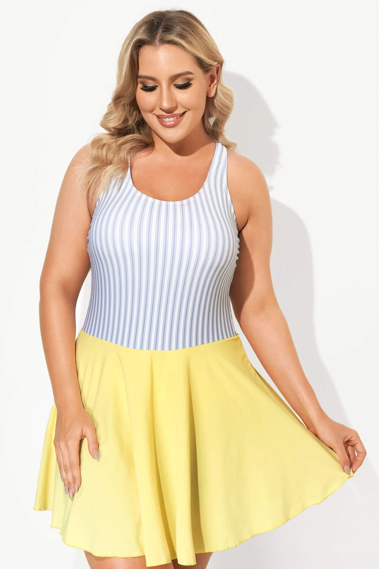 Classic Stripe Round Collar Swimdress For Lady 3 Classic Stripe Round Collar Swimdress For Lady