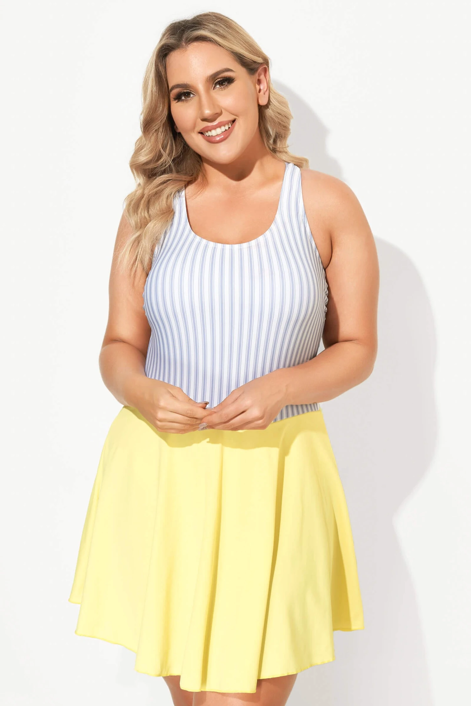 Classic Stripe Round Collar Swimdress For Lady 6 Classic Stripe Round Collar Swimdress For Lady - Image 4