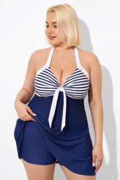 Blue Stripe Adjustable Halter Neck Swimdress -Maraluxe Swimwear Shop b desd081002 3