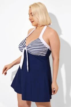Blue Stripe Adjustable Halter Neck Swimdress -Maraluxe Swimwear Shop b desd081002 5