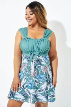 Green Leaf Print Wide Strap Knot Swimdress -Maraluxe Swimwear Shop b desd082001 4