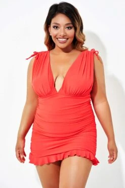 Solid Red Ruffle Adjustable Ruched Swimdress -Maraluxe Swimwear Shop b desd087002 1 1