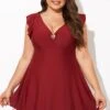 Red V-neckline Frilled Cap Sleeves Swimdress -Maraluxe Swimwear Shop b desd111001 1