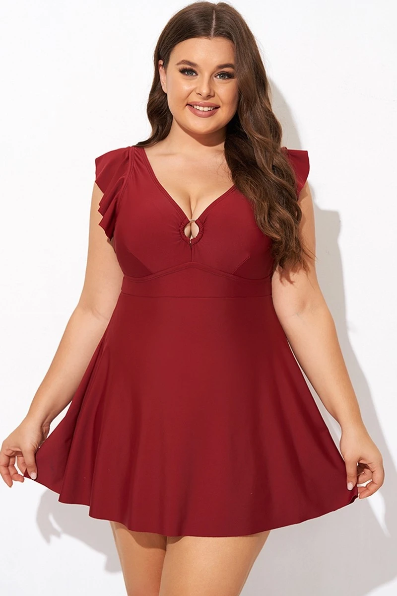 Red V-neckline Frilled Cap Sleeves Swimdress 3 Red V-neckline Frilled Cap Sleeves Swimdress