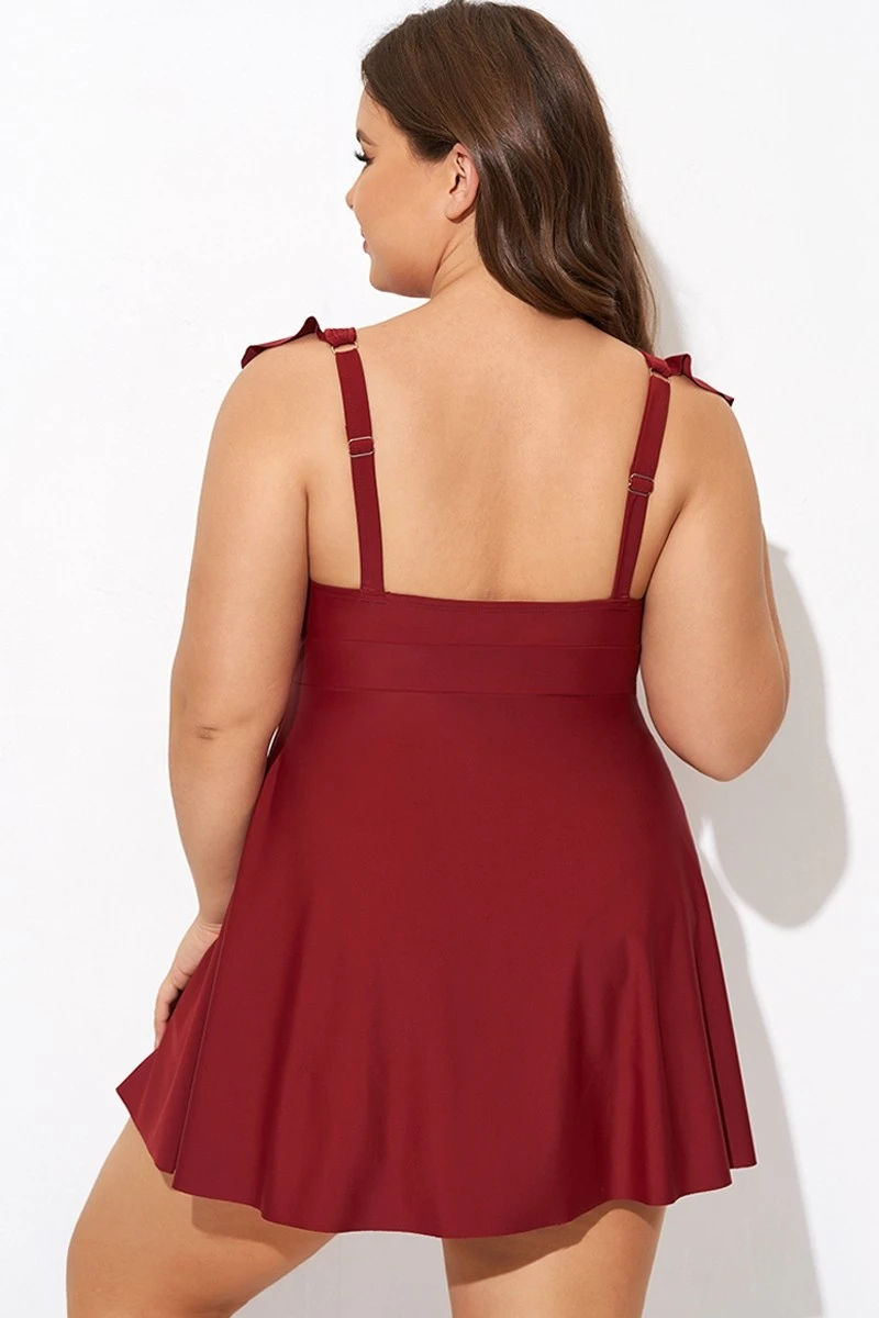 Red V-neckline Frilled Cap Sleeves Swimdress 4 Red V-neckline Frilled Cap Sleeves Swimdress - Image 2