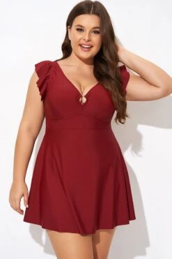 Red V-neckline Frilled Cap Sleeves Swimdress 13 Red V-neckline Frilled Cap Sleeves Swimdress -Maraluxe Swimwear Shop b desd111001 4