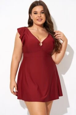 Red V-neckline Frilled Cap Sleeves Swimdress 11 Red V-neckline Frilled Cap Sleeves Swimdress -Maraluxe Swimwear Shop b desd111001 5