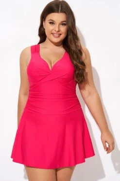 Red V-neck Twist Front Shirred Underwire Swimdress -Maraluxe Swimwear Shop b desd112001 3