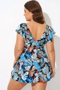 Leaf Print V-neckline Angel Sleeve Swimdress -Maraluxe Swimwear Shop b desd116001 2