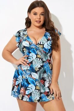 Leaf Print V-neckline Angel Sleeve Swimdress -Maraluxe Swimwear Shop b desd116001 4