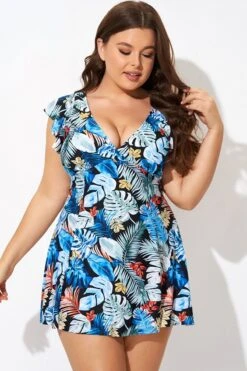 Leaf Print V-neckline Angel Sleeve Swimdress -Maraluxe Swimwear Shop b desd116001 5