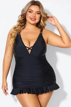 Black V-neck Tummy Control Ruched Swimdress 10 Black V-neck Tummy Control Ruched Swimdress -Maraluxe Swimwear Shop b desd117001 3