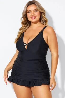 Black V-neck Tummy Control Ruched Swimdress 11 Black V-neck Tummy Control Ruched Swimdress -Maraluxe Swimwear Shop b desd117001 4