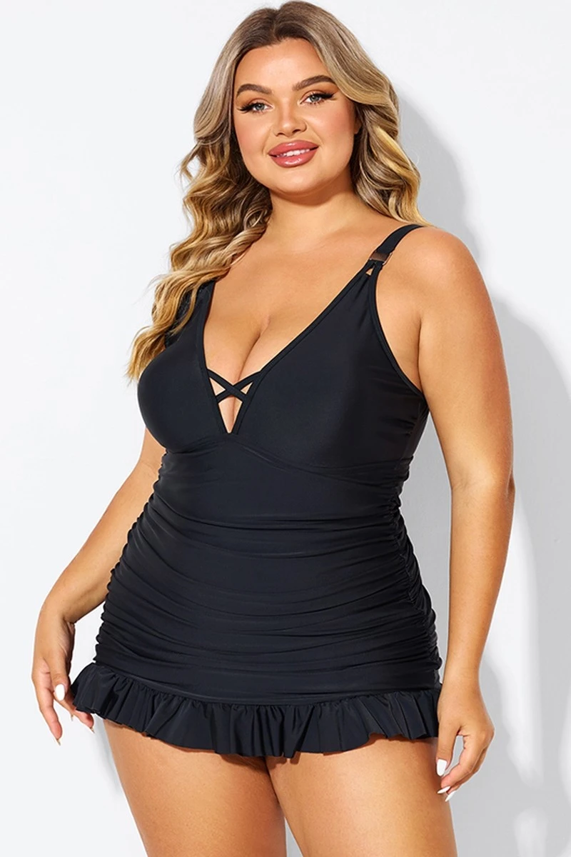 Black V-neck Tummy Control Ruched Swimdress 6 Black V-neck Tummy Control Ruched Swimdress - Image 4