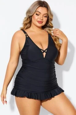 Black V-neck Tummy Control Ruched Swimdress 12 Black V-neck Tummy Control Ruched Swimdress -Maraluxe Swimwear Shop b desd117001 5