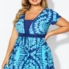 Tribal Print Cyan Short Sleeve Women Swimdress