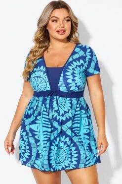Tribal Print Cyan Short Sleeve Women Swimdress -Maraluxe Swimwear Shop b desd118001 3