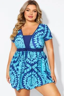 Tribal Print Cyan Short Sleeve Women Swimdress -Maraluxe Swimwear Shop b desd118001 4
