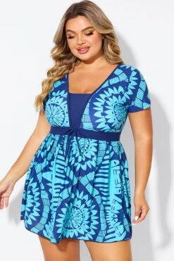 Tribal Print Cyan Short Sleeve Women Swimdress -Maraluxe Swimwear Shop b desd118001 5