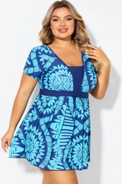 Tribal Print Cyan Short Sleeve Women Swimdress -Maraluxe Swimwear Shop b desd118001 6
