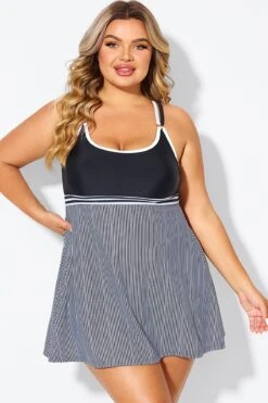 Black & White Criss Cross Striped Double Strap Swimdress -Maraluxe Swimwear Shop b desd119001 3