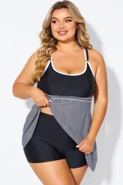 Black & White Criss Cross Striped Double Strap Swimdress -Maraluxe Swimwear Shop b desd119001 4
