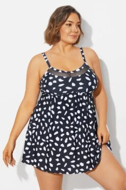 White Polka Dots Print Mesh Panel Swimdress -Maraluxe Swimwear Shop b desd120001 4