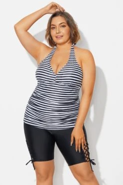 Plus Size Striped V-Neck Halterneck Shirred Tankini Top -Maraluxe Swimwear Shop b detan027009 3
