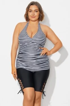 Plus Size Striped V-Neck Halterneck Shirred Tankini Top -Maraluxe Swimwear Shop b detan027009 4