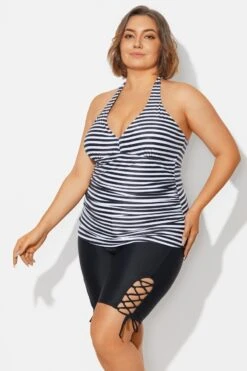 Plus Size Striped V-Neck Halterneck Shirred Tankini Top -Maraluxe Swimwear Shop b detan027009 5