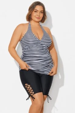 Plus Size Striped V-Neck Halterneck Shirred Tankini Top -Maraluxe Swimwear Shop b detan027009 6