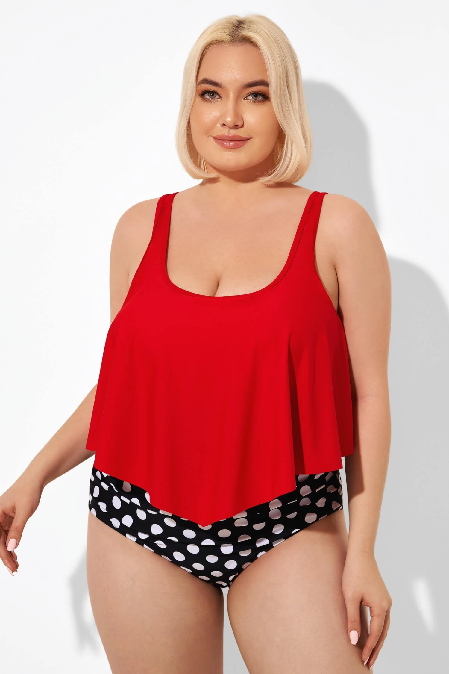 Red Ruched Flounce U-neck Blouson Tankini Top 3 Red Ruched Flounce U-neck Blouson Tankini Top