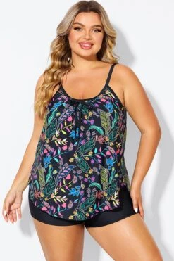 Black Spaghetti Strap Floral Print Tankini Top -Maraluxe Swimwear Shop b detan158002 3