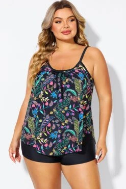 Black Spaghetti Strap Floral Print Tankini Top -Maraluxe Swimwear Shop b detan158002 4