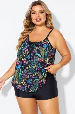 Black Spaghetti Strap Floral Print Tankini Top -Maraluxe Swimwear Shop b detan158002 5