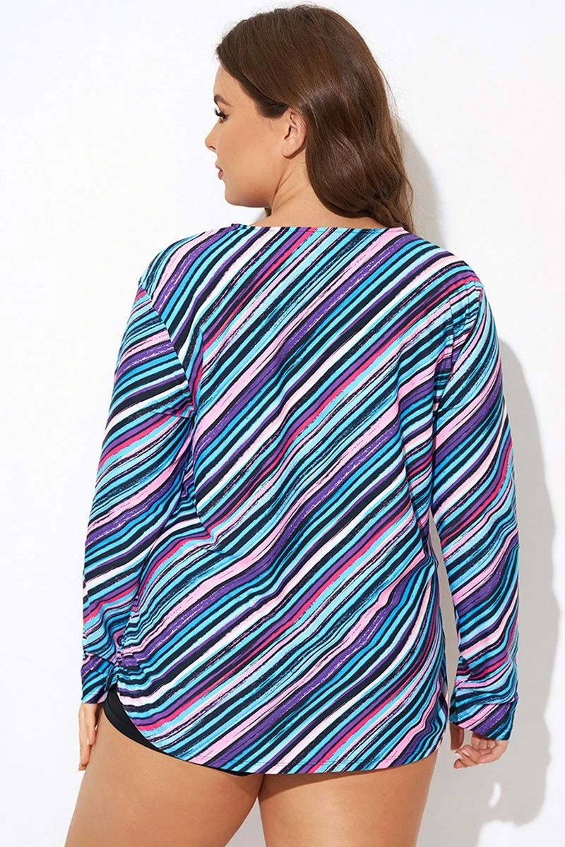 Multi Watercolor Stripe Split-Neck Long Sleeve Tankini Top 4 Multi Watercolor Stripe Split-Neck Long Sleeve Tankini Top - Image 2