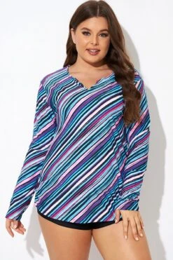 Multi Watercolor Stripe Split-Neck Long Sleeve Tankini Top 10 Multi Watercolor Stripe Split-Neck Long Sleeve Tankini Top -Maraluxe Swimwear Shop b detan173001 3
