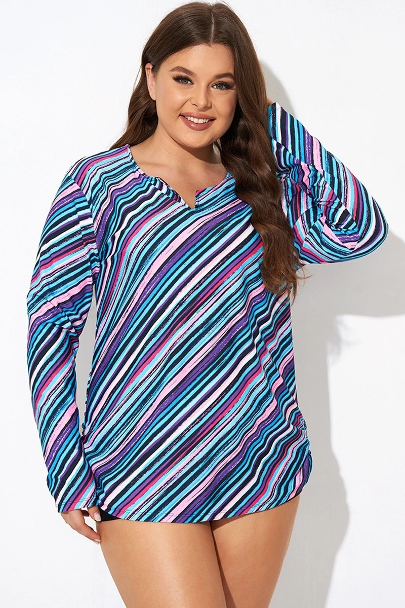 Multi Watercolor Stripe Split-Neck Long Sleeve Tankini Top 7 Multi Watercolor Stripe Split-Neck Long Sleeve Tankini Top - Image 5
