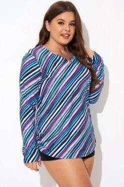 Multi Watercolor Stripe Split-Neck Long Sleeve Tankini Top 13 Multi Watercolor Stripe Split-Neck Long Sleeve Tankini Top -Maraluxe Swimwear Shop b detan173001 6